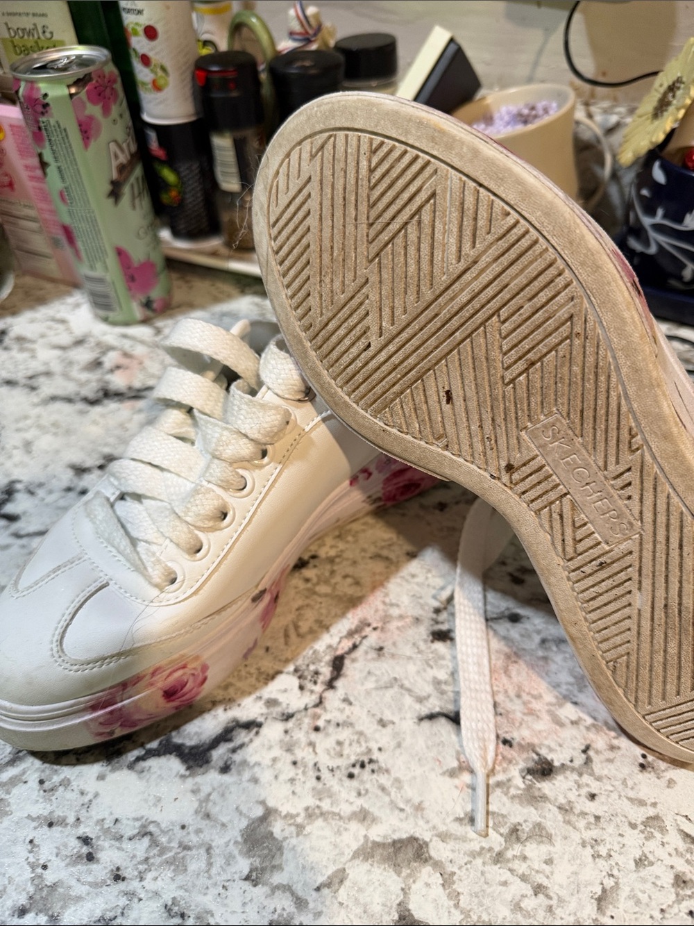 Skechers White Platform Sneakers with Pink Rose Sole Accents